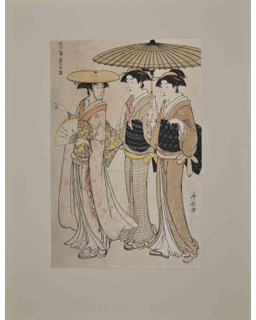 Two Women in Summer Costume Taking a Young Girl to a Shinto Temple 