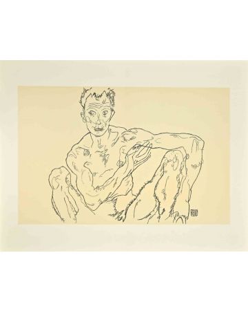 Egon Schiele - Crouching Male Nude (Self Portrait) - Contemporary Artwork 