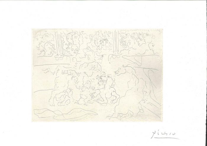 Taureau et Chevaux dans l'Arène by Pablo Picasso - Modern Artwork - Signature
