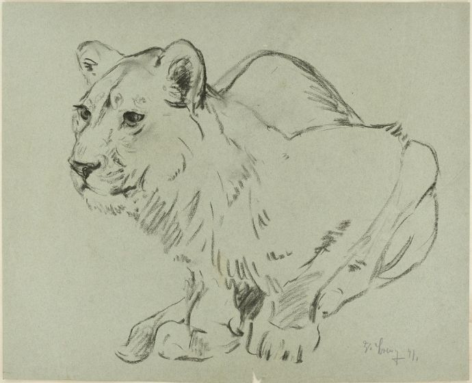 Crouched Lioness and Rubbits by Wilhelm Lorenz- Modern Artwork