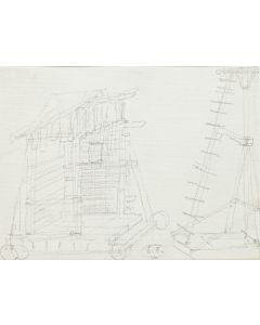Construction of a Theatrical Machine is an original monogramm drawing in pencil on ivory-colored paper, realized by Russian scenographer Eugène Berman, hand-signed.